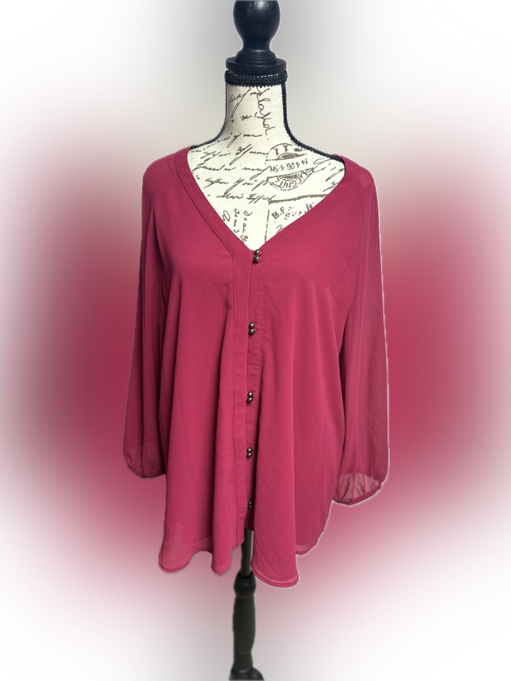 Naked Zebra Magenta V-Neck Button Front Blouse - Picture 2 of 7
